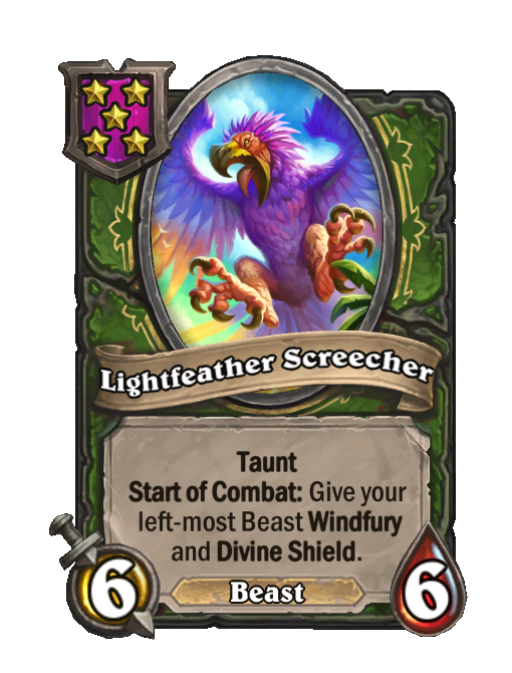 Lightfeather Screecher — Tier 5 — Beast — Minion — 6/6 — Taunt, Start of Combat — Hearthstone Battlegrounds card