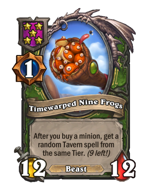 Timewarped Nine Frogs — Tier 5 — Beast — Minion — 12/12 — Hearthstone Battlegrounds card