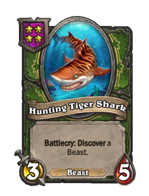 Hunting Tiger Shark — Tier 4 — Beast — Minion — 3/5 — Battlecry, Discover — Hearthstone Battlegrounds card