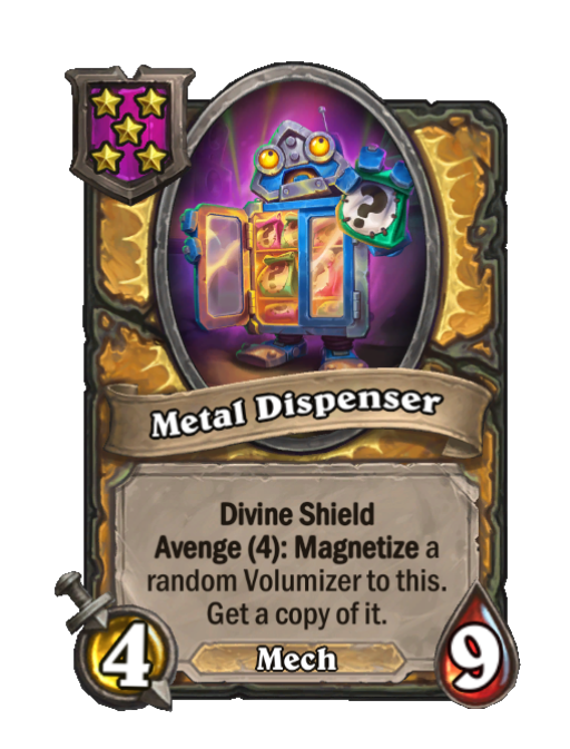 Metal Dispenser — Tier 5 — Mech — Minion — 4/9 — Divine Shield, Avenge — Hearthstone Battlegrounds card