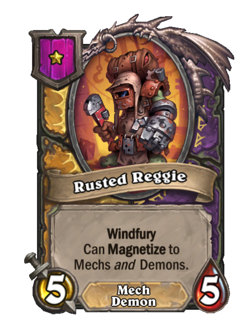 Rusted Reggie — Tier 1 — Mech/Demon — Minion — 5/5 — Windfury — Hearthstone Battlegrounds card