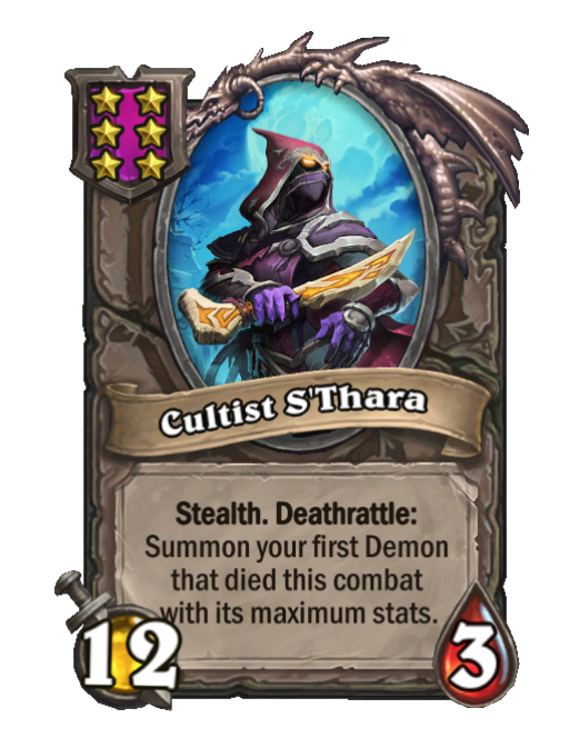 Cultist S'Thara — Tier 6 — Minion — 12/3 — Deathrattle, Stealth — Hearthstone Battlegrounds card
