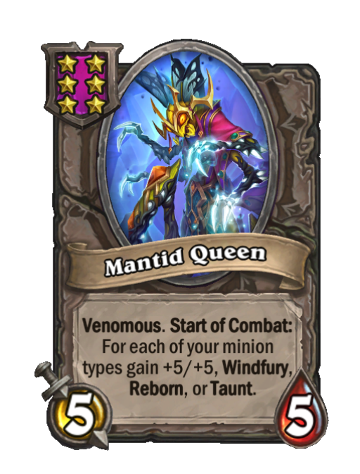 Mantid Queen — Tier 6 — Minion — 5/5 — Venomous, Start of Combat — Hearthstone Battlegrounds card