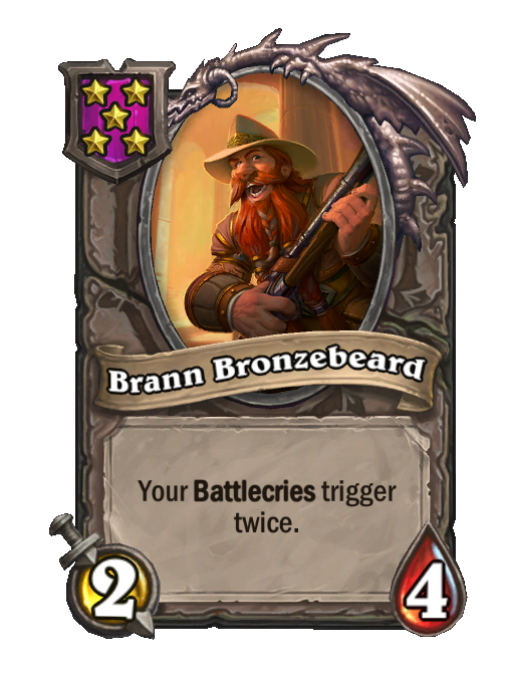 Brann Bronzebeard — Tier 5 — Minion — 2/4 — Aura — Hearthstone Battlegrounds card