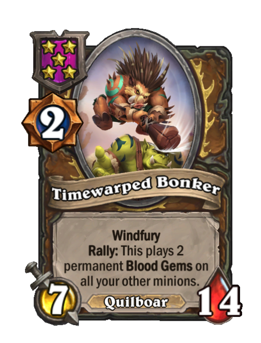 Timewarped Bonker — Tier 5 — Quilboar — Minion — 7/14 — Windfury, Rally — Hearthstone Battlegrounds card