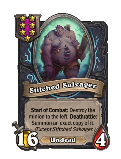 Stitched Salvager — Tier 7 — Undead — Minion — 16/4 — Deathrattle, Start of Combat — Hearthstone Battlegrounds card