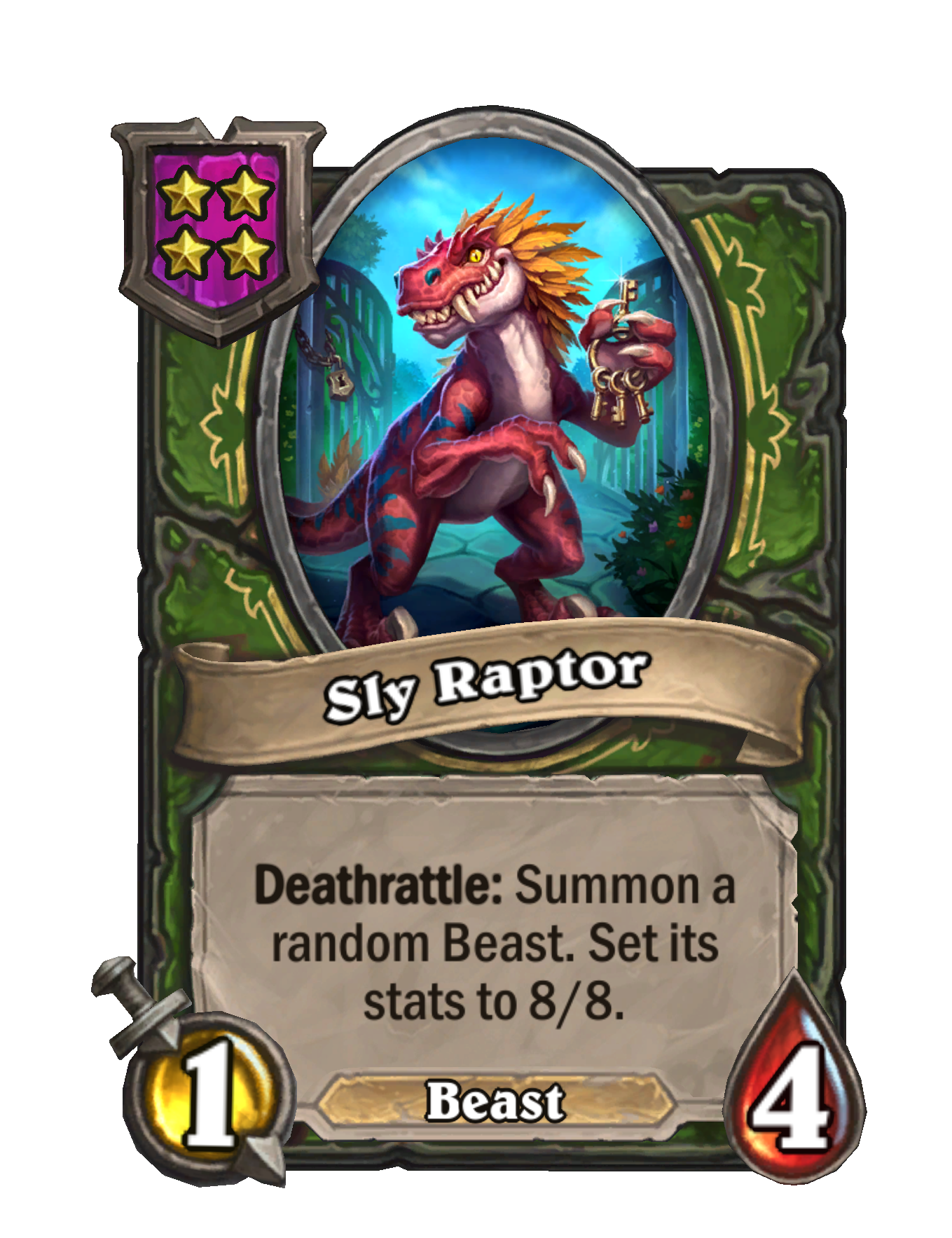 Sly Raptor — Tier 4 — Beast — Minion — 1/4 — Deathrattle — Hearthstone Battlegrounds card